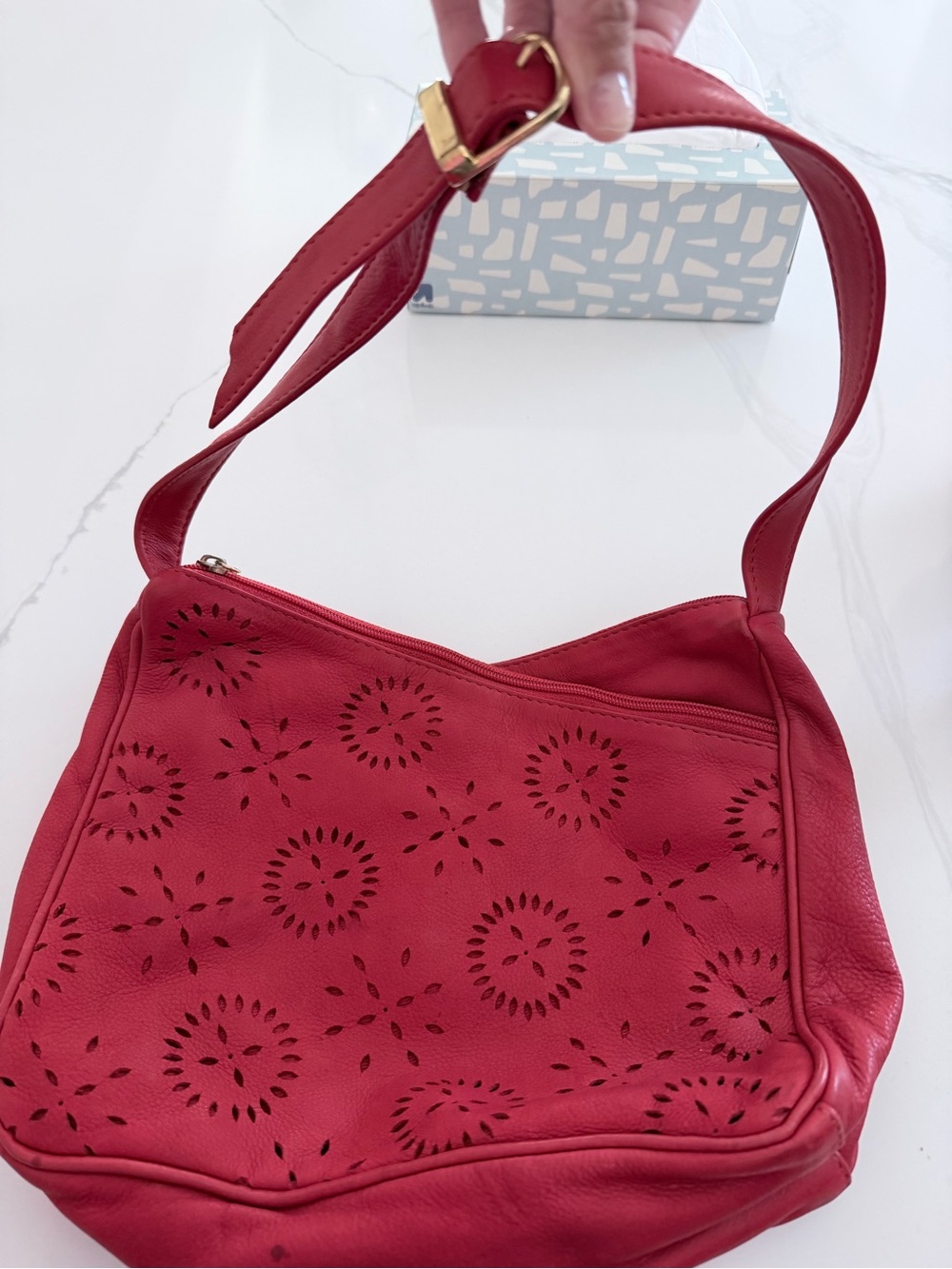 Red Perforated Leather Shoulder Bag